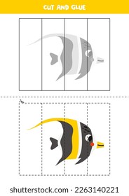 Cut and glue game for kids with Moorish idol fish. Cutting practice for preschoolers. 