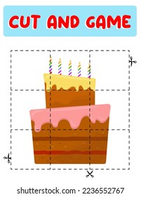 Cut and glue game for kids . Puzzles with an cake. Children funny entertainment and amusement.Vector illustration. Cutting practice for preschoolers