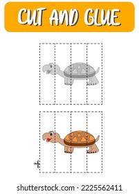 Cut and glue game for kids . Turtle puzzles. Children funny entertainment and amusement.Vector illustration. Cutting practice for preschoolers.