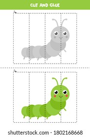 Cut and glue game for kids. Vector illustration of cute green caterpillar. Cutting practice for preschoolers. Educational worksheet for kids.