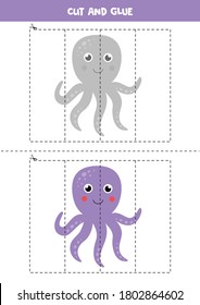 Cut and glue game for kids. Vector illustration of cute octopus. Cutting practice for preschoolers. Educational worksheet for kids.
