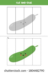Juego de cortar y pegar para los niños. Ilustración vectorial de pepino verde lindo. Práctica de corte para preescolares. Hoja de trabajo educativa para niños.