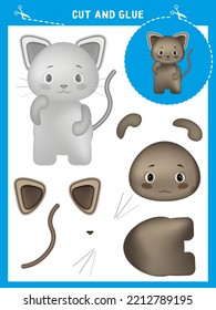 Cut and glue game for kids. Vector illustration of cute cartoon cat. Education paper game for children. Cutout and gluing