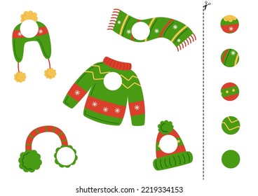 Cut and glue game for kids with winter clothes. Cutting practice for preschoolers. 