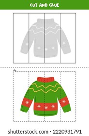 Cut and glue game for kids with winter sweater. Cutting practice for preschoolers. 