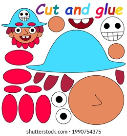 Cut and glue game with young happy pirate vector illustration. Funny cartoon pirate boy - paper game for children printable worksheet