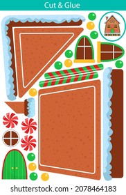 Cut and glue: Gingerbread house. Christmas stuff. Vector illustration.