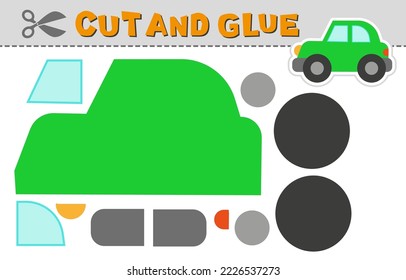 Cut and glue green car. Vector illustration. Paper puzzle game for children activity and education