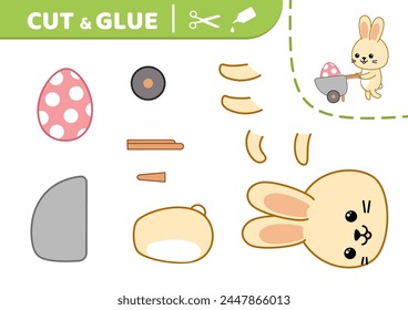 Cut and glue. Hare and barrow with big Easter egg. Applique. Paper game. Cartoon. Isolated vector illustration eps 10