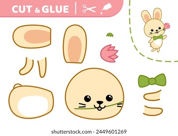 Cut and glue. Hare boy with pink flower in mouth. Applique. Paper game. Cartoon. Isolated vector illustration eps 10