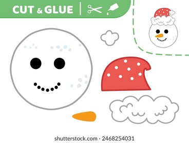 Corte y pegue. Cabeza de muñeco de nieve con sombrero rojo.  Aplique. Lindo muñeco de nieve. Juego de papel. Dibujos animados, Ilustración vectorial aislada eps 10