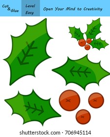 Cut and glue image for smart kids and children.  Education game for Christmas time. Holly