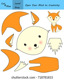 Cut and glue image for smart kids and children. Education game. Cute fox vector