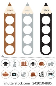Cut and glue items according to colors. Colorful pencil. Worksheet for kids.
