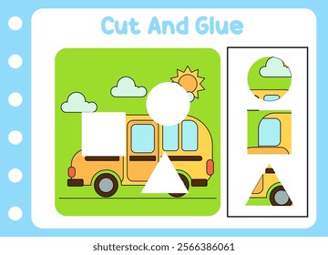 cut and glue for kids. little bus. puzzle game .