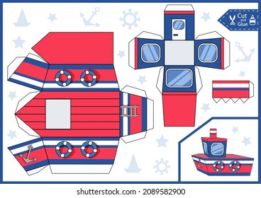 Cut and glue kids paper craft worksheet. 3d active children game create model boat. Vector printable template education actives page with gaming puzzle. 