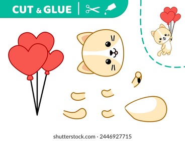 Cut and glue kitten and balloons. Applique. Paper game. Vector