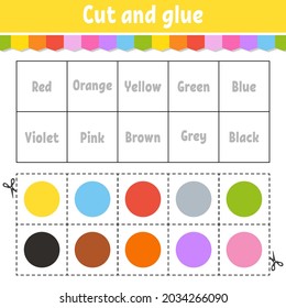 Cut and glue. Learning color games for preschool. Activity worksheet for kids. Game for children. Cartoon character. Vector illustration.