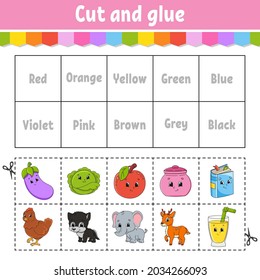 Cut and glue. Learning color games for preschool. Activity worksheet for kids. Game for children. Cartoon character. Vector illustration.