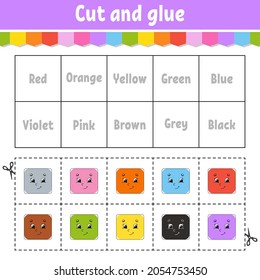 Cut and glue. Learning color games for preschool. Activity worksheet for kids. Game for children. Cartoon character. Vector illustration.