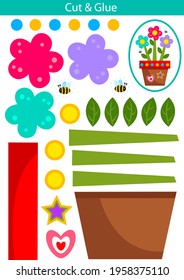 Cut and glue: Multicolored flowers in a cute pot with stickers. Flying bees.