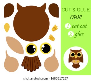 Cut and glue owl. Color paper application game. Educational paper game for preschool children. Cartoon character. Flat vector stock illustration.