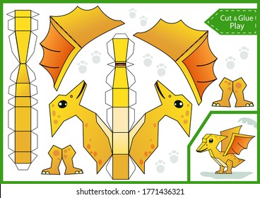 Cut and glue paper 3d a dinosaur. DIY dinosaurs papercraft project. Worksheet for kids craft. Education children activity page. Birthday decor. Vector illustration.