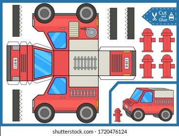 Cut and glue the paper 3d fire truck. Kids game diy a car. Children crafts activity page. Create toys. Birthday decor. Vector illustration.