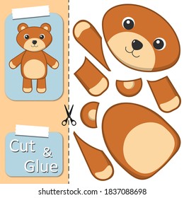 Cut and glue the paper Bear. Create application the cartoon fun Bear. Education riddle entertainment and amusement for children. Kids logic game and activities jigsaw. Preschool worksheet activity.