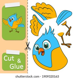 Cut and glue the paper Bird. Create application the cartoon fun Parrot. Education riddle entertainment and amusement for children. Kids logic game and activities jigsaw. Preschool worksheet activity.