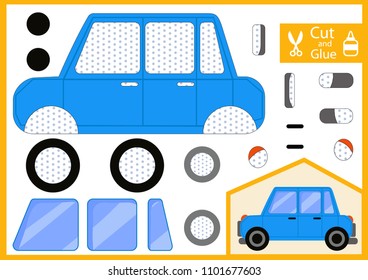 Cut and glue the paper blue car. Children funny riddle entertainment and amusement. Kids art game and activity page for book. Craft toys the car yourself. Vector illustration.