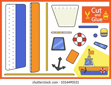 Cut and glue the paper boat. Children funny riddle entertainment and amusement. Kids art game and activities jigsaw. Create toys yourself. Vector illustration.