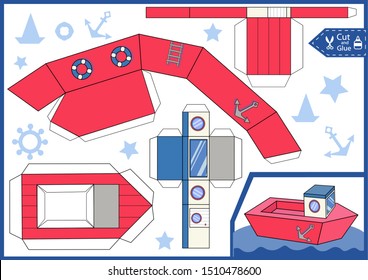 Cut and glue the paper a boat. Children craft worksheet. Art game. Kids crafts activity page. Create toys yourself. 3d gaming puzzle. Sea birthday decor. Vector illustration.