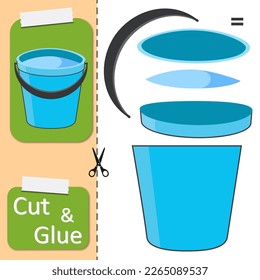 Cut and glue the paper bucket. Create application the cartoon water pail. Education riddle entertainment or amusement for child. Kids logic game and activities jigsaw. Preschool worksheet activity.