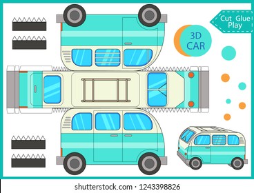 Cut and glue the paper a camping bus trailer. Worksheet with funny education riddle. Children art game. Kids crafts activity page. Create toys car yourself. Birthday decor. Vector illustration.