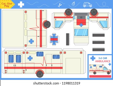 Cut and glue the paper a car ambulance. Worksheet with funny education riddle. Children art game. Kids crafts activity page. Create toys yourself. Birthday decor. Vector illustration.