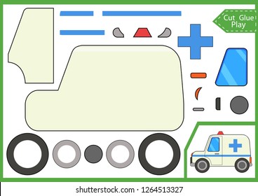 Cut and glue the paper a car ambulance. Worksheet with funny education riddle. Children art game. Kids crafts activity page. Create toys yourself. Stickers puzzle set. Vector illustration.