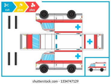 Corte y pegue un camión de papel. Página de juegos de arte infantil para actividades. ambulancia 3D de papel. Ilustración vectorial.