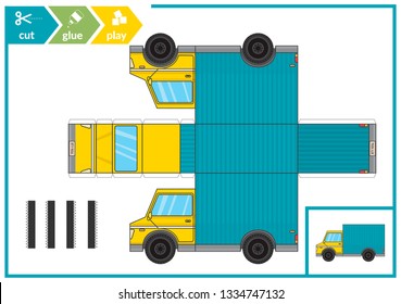 Corte y pegue un camión de papel. Página de juegos de arte infantil para actividades. Pista 3d de papel. Ilustración vectorial.