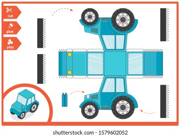 Cut and glue a paper car. Children art game for activity page. Paper 3d tractor. Vector illustration.