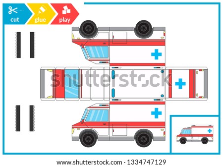 Cut and glue a paper car. Children art game for activity page. Paper 3d ambulance. Vector illustration.