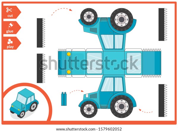 Cut and glue a paper car.\
Children art game for activity page. Paper 3d tractor. Vector\
illustration.