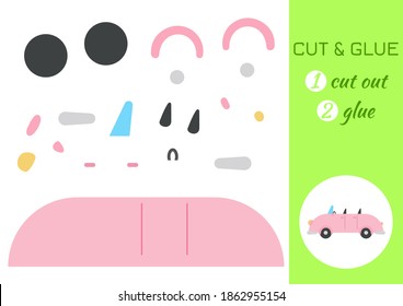 Cut and glue paper car. Color paper cutting application game. Educational game for preschool children. DIY activity worksheet. Kids art game and activities jigsaw. Vector stock illustration.