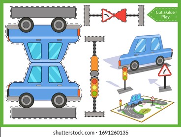 Cut and glue the paper a car. Worksheet with education game. Children art game. Kids crafts activity page. Create toy yourself. Vehicle birthday decor. Vector illustration.