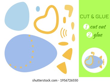 Cut and glue paper cartoon blue submarine. Cut and paste craft activity page. Educational game for preschool children. DIY worksheet. Kids logic game, activities jigsaw. Vector stock illustration.