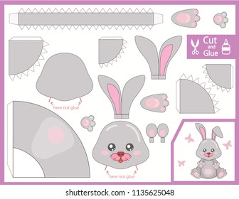 Cut and glue the paper cartoon bunny. Create Paper toys rabbit yourself. Children funny riddle entertainment and amusement. Puppet show. Kids art game for book. Make handmade toy. Vector illustration.