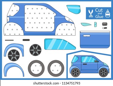 Cut and glue the paper cartoon car. Kids crafts activity page. Worksheet with funny education riddle. Children art game. Create toys yourself. Birthday decor. Vector illustration.