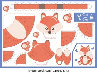 Cut and glue the paper cartoon fox. Create Paper toys animal yourself. Children funny riddle entertainment and amusement. Puppet show. Kids art game for book. Make handmade toy. Vector illustration.