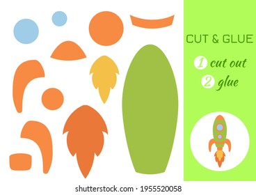 Cut and glue paper cartoon green rocket. Cut and paste craft activity page. Educational game for preschool children. DIY worksheet. Kids logic game, activities jigsaw. Vector stock illustration.