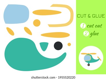 Cut and glue paper cartoon green helicopter. Cut and paste craft activity page. Educational game for preschool children. DIY worksheet. Kids logic game, activities jigsaw. Vector stock illustration.